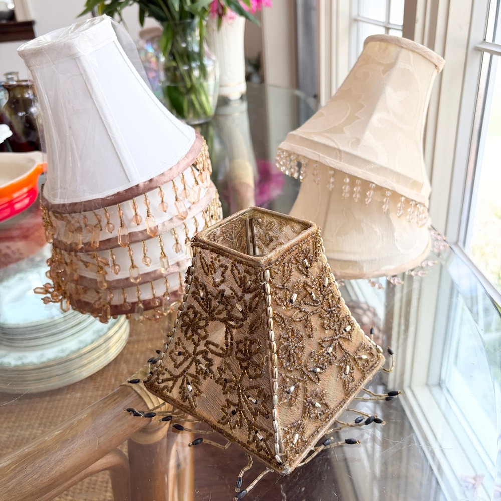 Vintage Lamp Shades Beaded Fringe Chandelier Clip On Small Mixed Lot Gold Cream